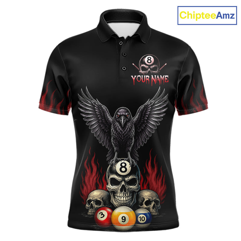 Personalized Raven 8 Ball Pool Skull Billiard Polo Shirt for Men Featuring a Dark Halloween Raven Design with Skull Artwork for Pool League Players, Team Competition, and Tournament Events