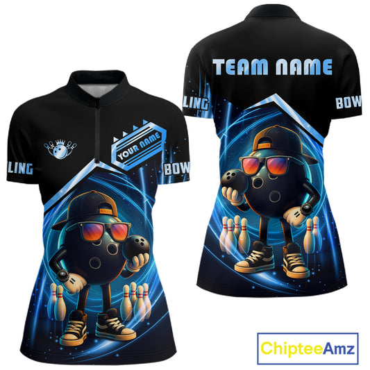 Blue Funny Bowling Ball Shirt For Women Custom Bowling Jersey, Bowling Team Shirt Polo & Quarter Zip TDM5836