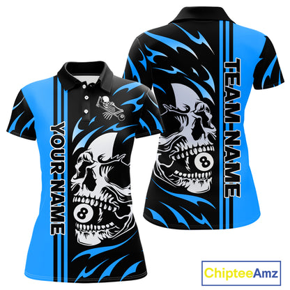 Personalized Blue 8 Ball Skull Billiard Shirt For Women Custom Pool Team Jersey, Billiard Outfit TDM4460