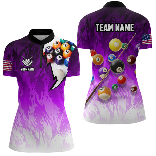 Personalized Purple Pool Player Billiard 8 Ball Polo & 1/4 Zip For Women Custom Billiard Jerseys TDM3658