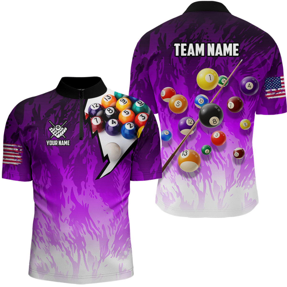 Personalized Purple Pool Player Billiard 8 Ball Polo & 1/4 Zip For Men Custom Billiard Jerseys TDM3658