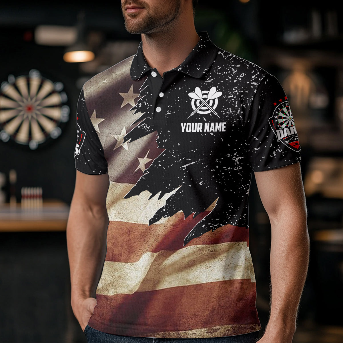 Personalized Retro American Flag Dart Polo Shirts For Men Custom Patriotic Dart Jerseys Uniform TDM1173