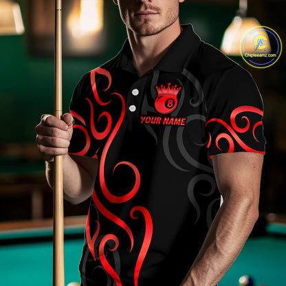 Black And Red 8 Ball Crown Tribal Billiard Shirt For Men Custom Pool Jersey Billiard Team Shirt TDM4725