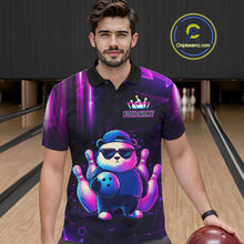 Load image into Gallery viewer, Man wearing a neon panda bowling polo shirt at a bowling alley front view.
