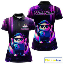 Load image into Gallery viewer, Colorful neon panda bowling polo shirt for women with custom bowling league team graphics.