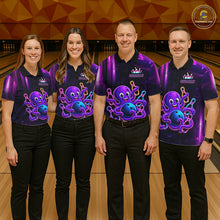 Load image into Gallery viewer, Bowling team wearing matching neon octopus bowling jerseys during tournament play front view.