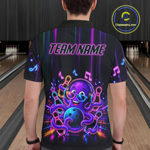 Load image into Gallery viewer, Back view of man wearing a neon octopus music bowling polo shirt inside a bowling alley.