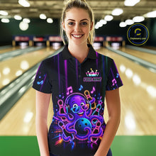 Load image into Gallery viewer, Woman wearing a neon octopus music bowling polo shirt at a bowling alley front view.