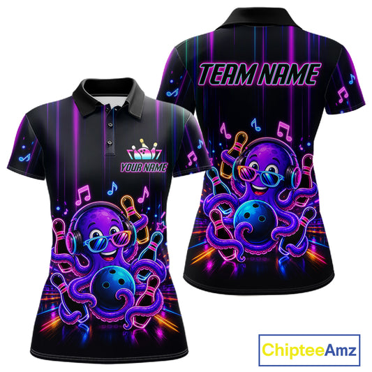Neon octopus music bowling polo shirt for women with colorful custom bowling team graphics.