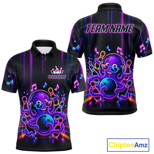 Neon octopus music bowling polo shirt for men with colorful custom bowling team graphics.