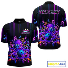 Load image into Gallery viewer, Neon octopus music bowling quarter zip shirt for men designed for league nights and tournaments.