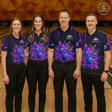 Load image into Gallery viewer, Bowling team wearing matching neon octopus music bowling jerseys during league matches front view.