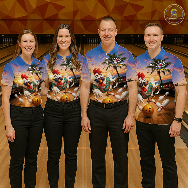 Funny Tropical Rooster Chicken Bowling Shirt For Women Custom Vintage Bowling Jersey Polo & 1/4 Zip TDM6475
