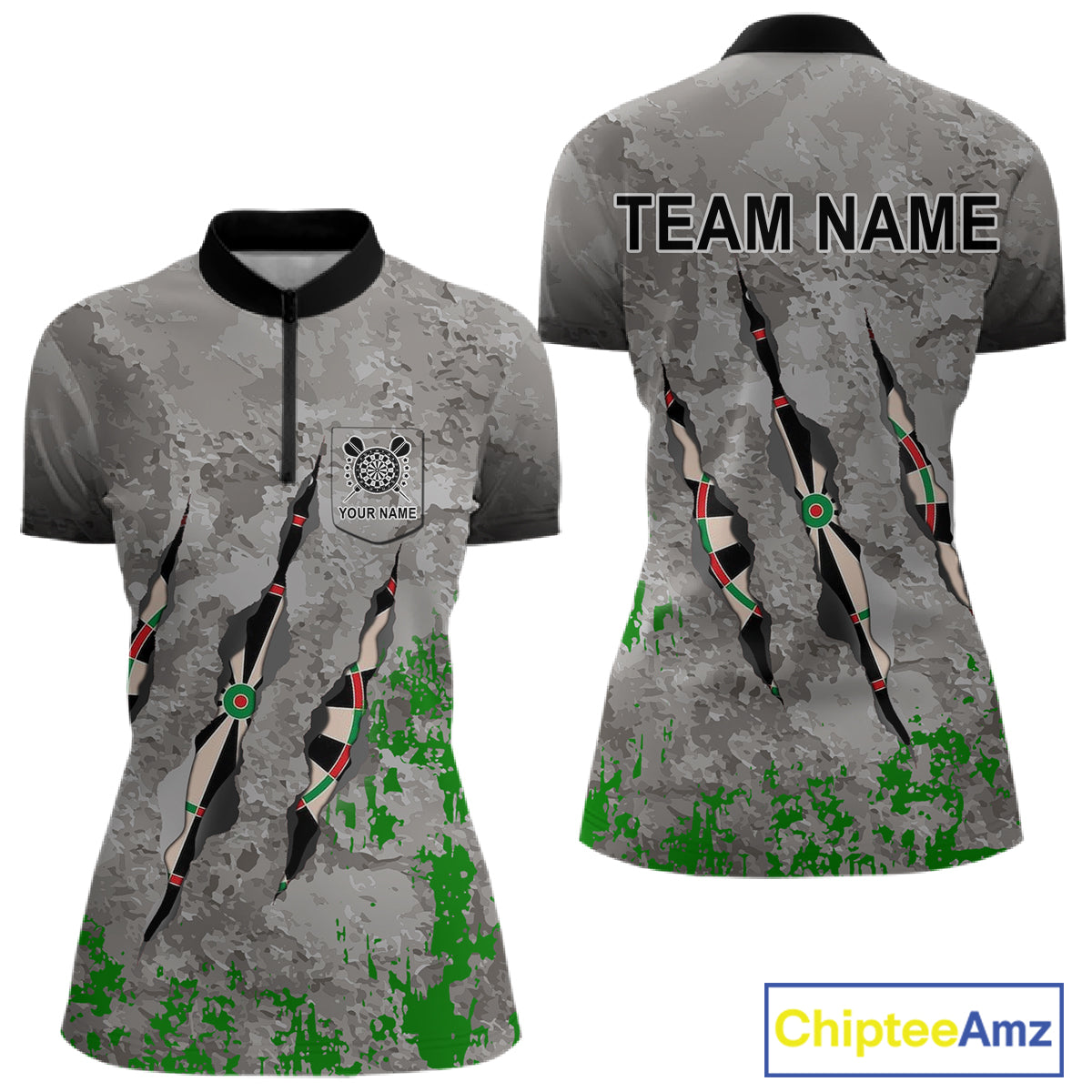 Custom Green Grey Grunge Dart Shirt With Pocket Option For Women, Darts Jersey TDM4528