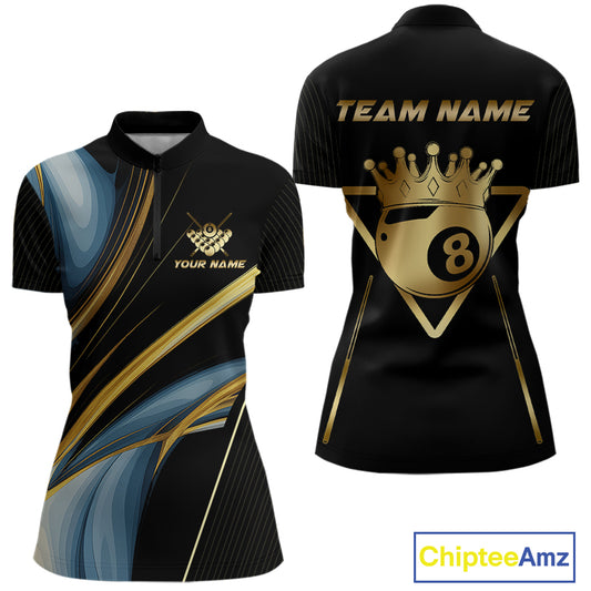 Personalized 8 Ball Crown 3D Billiard Shirt For Women Custom Pool Team Jersey Polo & Quarter Zip TDM4176