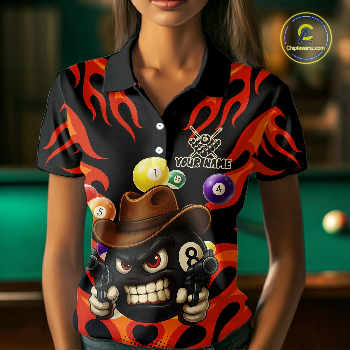 Personalized Red Funny Flame 8 Ball Billiard Shirt For Women Custom Pool Team Jersey Polo & 1/4 Zip TDM4782