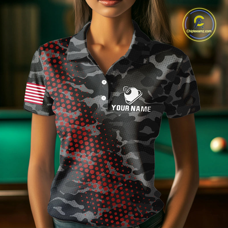 Personalized Red & Grey Camo Billiard Shirt For Women, 8 Ball Billiard Jersey Team Polo & 1/4 Zip TDM4431