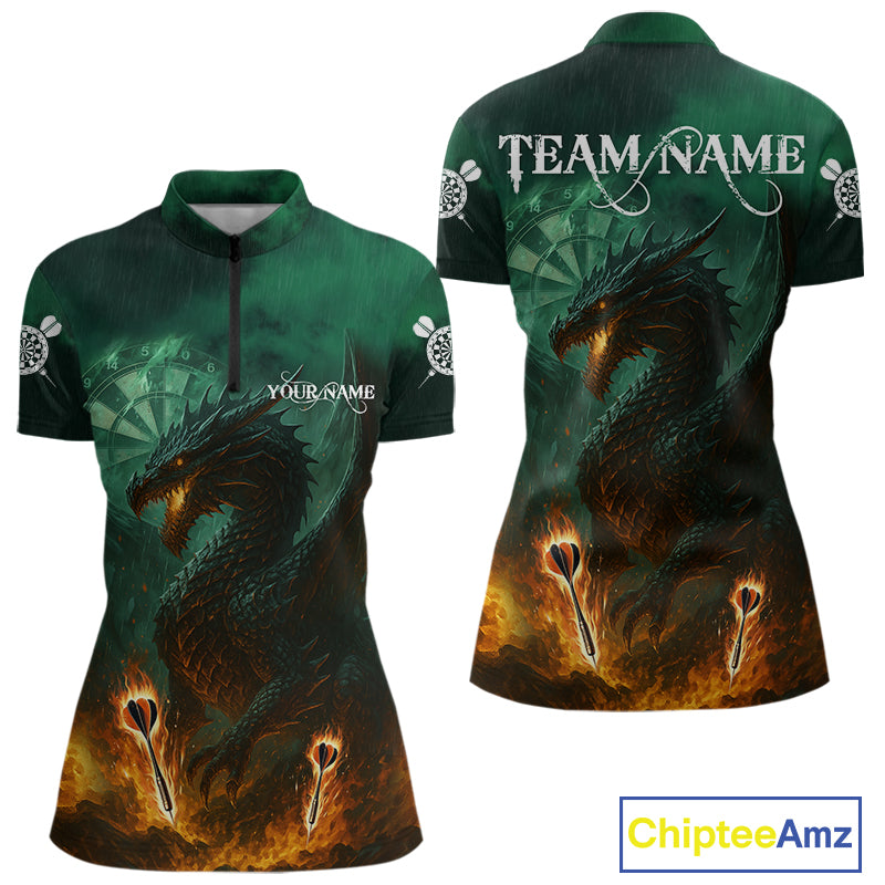 Personalized Fiery Arrow Dragon Green Darts Shirt For Women Custom Darts Jersey Team Polo & 1/4 Zip TDM4450