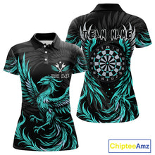 Load image into Gallery viewer, Personalized Phoenix Dartboard Wings Women's Dart Shirts Custom Black &amp; Turquoise Darts Team Jerseys TDM4273