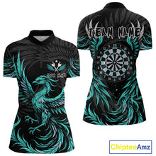 Load image into Gallery viewer, Personalized Phoenix Dartboard Wings Women's Dart Shirts Custom Black &amp; Turquoise Darts Team Jerseys TDM4273