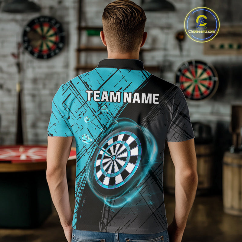 Grunge Cyan Black Dartboard Light Men Darts Polo & 1/4 Zip Custom Dart Shirt For Team Dart Jersey TDM4127