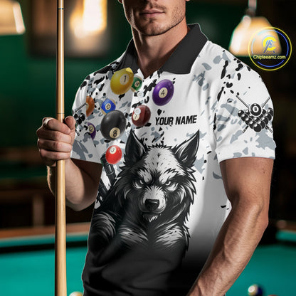 Personalized Grunge White Black Funny Wolf Billiard Shirt For Men Custom Pool Balls Team Jersey TDM4495