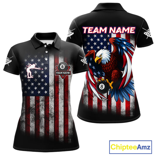 Grunge American Flag Eagle 8 Ball Billiard Polo & 1/4 Zip Custom Women's Patriotic Pool Team Jersey TDM4515