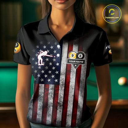 Grunge American Flag 8 & 9 Ball Yin-Yang Billiard Polo & 1/4 Zip Custom Pool Team Jersey For Women TDM4517