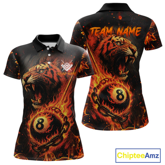 Personalized 8 Ball Chain Flame Tiger Billiard Shirt For Women, Pool Team Jerseys Polo & 1/4 Zip TDM4395
