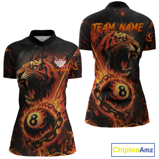 Personalized 8 Ball Chain Flame Tiger Billiard Shirt For Women, Pool Team Jerseys Polo & 1/4 Zip TDM4395