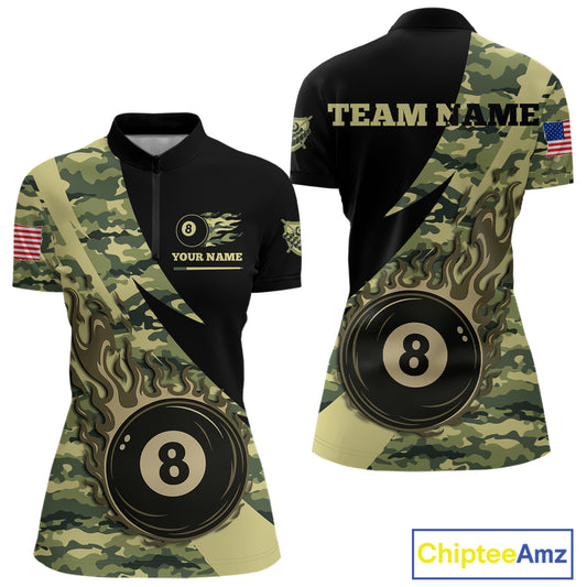 Personalized Flame 8 Ball Pool Military Green Camo Billiard Shirts For Women Custom Pool Team Jersey TDM4187