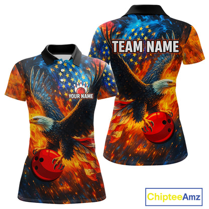 Personalized Orange Flaming American Flag Bowling Shirt For Women Custom Eagle Bowling Team Jersey TDM4642