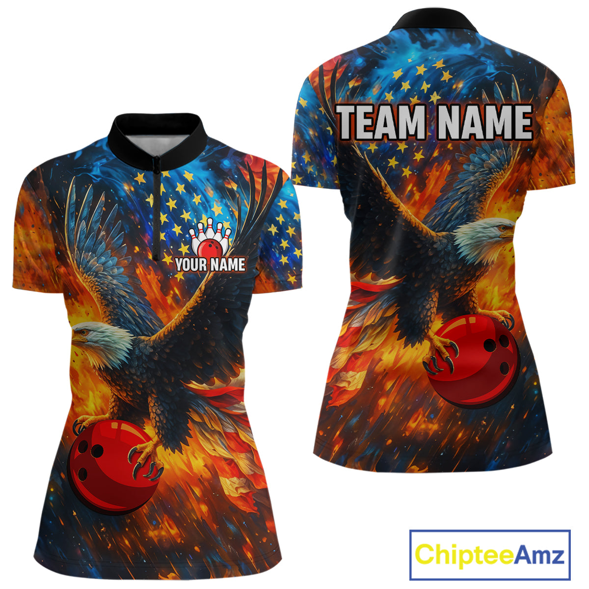 Personalized Orange Flaming American Flag Bowling Shirt For Women Custom Eagle Bowling Team Jersey TDM4642