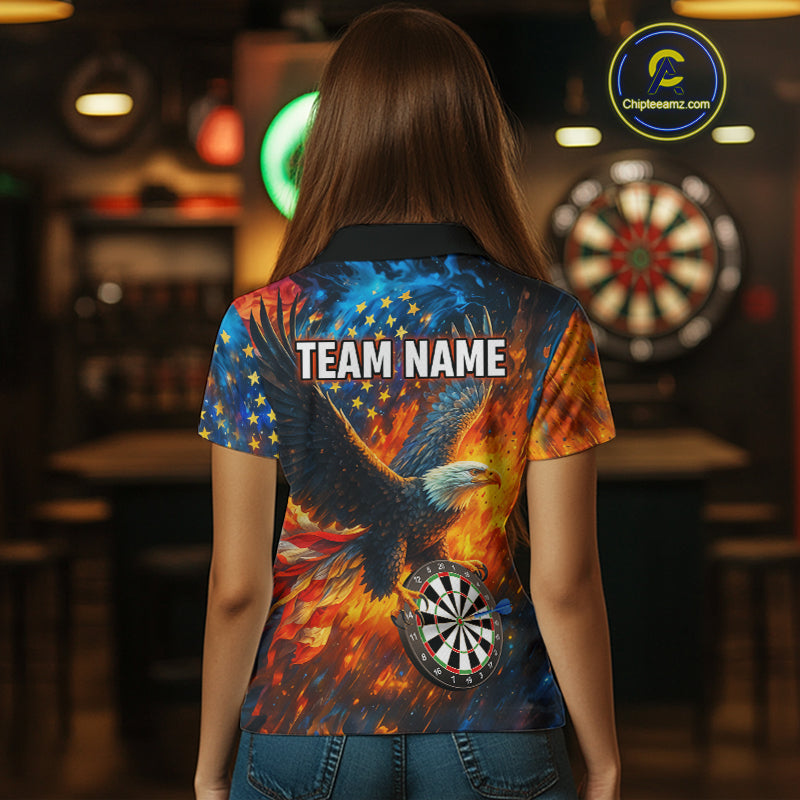 Personalized Orange Flaming US Flag Eagle Darts Shirt For Women, Patriotic Darts Team Jerseys TDM4438