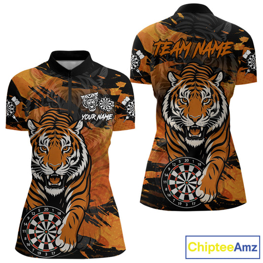 Personalized Black And Orange Tiger Darts Shirt For Women Custom Darts Jersey Team Polo & 1/4 Zip TDM4275