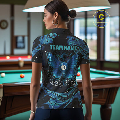 Custom Teal Blue Marble Billiard Shirt For Women, 8 Ball Butterfly Pool Team Jersey Polo & 1/4 Zip TDM4776