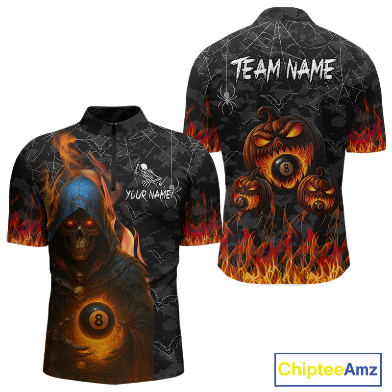 Personalized Grim Reaper Halloween Billiard Shirt For Men Custom Pumpkin 8 Ball Pool Team Jersey TDM4787