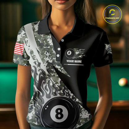 Woman wearing personalized flame 8 ball pool military grey camo billiard polo shirt front view.