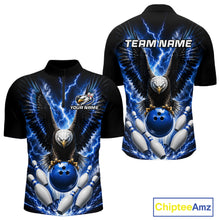 Load image into Gallery viewer, Blue thunder lightning eagle bowling quarter zip shirt for men designed for league tournaments and team events.