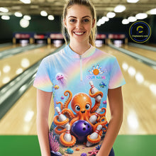 Load image into Gallery viewer, Woman wearing a rainbow octopus ocean bowling quarter zip jersey during league competition front view.