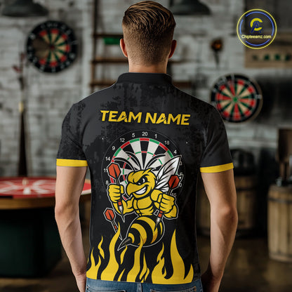Man wearing black and yellow funny bee darts team jersey polo shirt featuring funny bee artwork, back view.