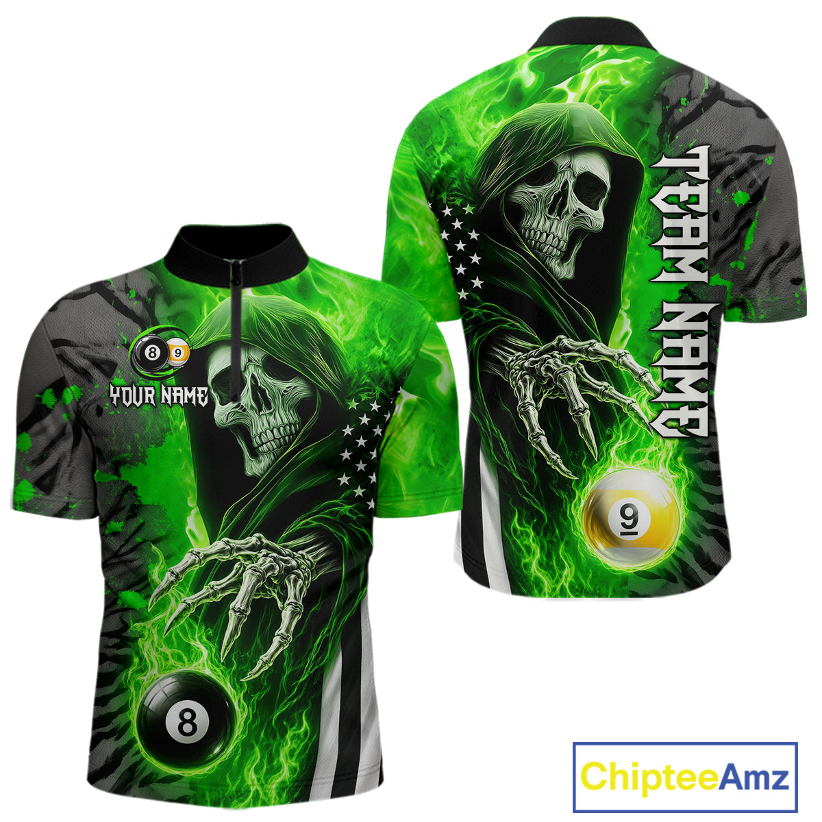 Personalized Green Flame Grim Reaper US Flag 8 Ball 9 Ball Quarter Zip Shirt for Billiard Team Jersey