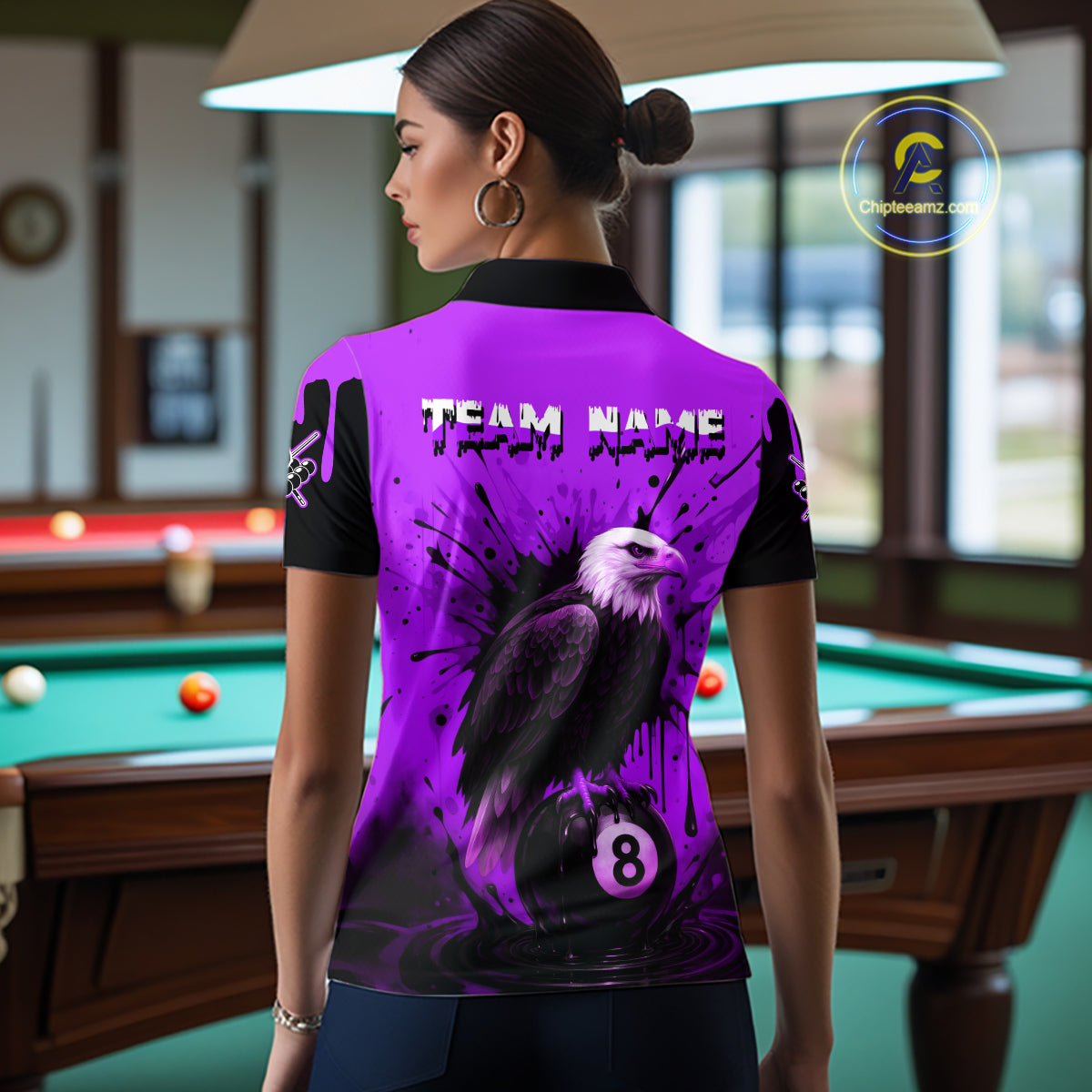 Purple 8 Ball Pool Eagle Paint Splash Billiard Shirt For Women Custom Billiard Jersey Polo & 1/4 Zip TDM5493