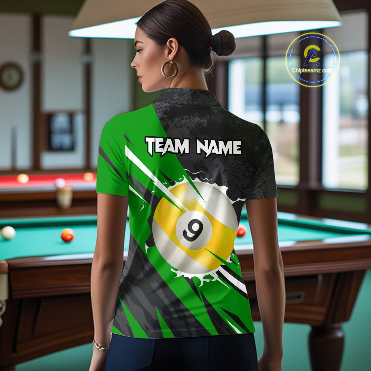 Black And Green 8 Ball & 9 Ball Billiard Shirt For Women Custom Pool Team Jersey Polo & 1/4 Zip TDM6363