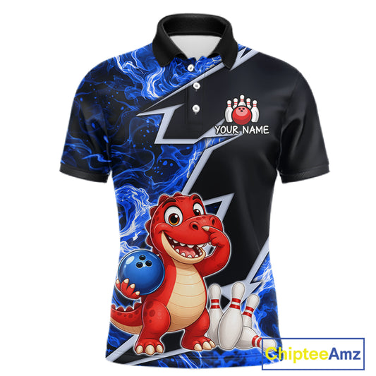 Funny Dinosaur Bowling Jersey For Men Custom Black And Blue Flame Bowling Shirt Polo & 1/4 Zip TDM6367
