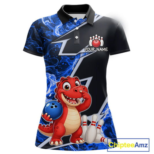 Funny Dinosaur Bowling Jersey For Women Custom Black And Blue Flame Bowling Shirt Polo & 1/4 Zip TDM6367