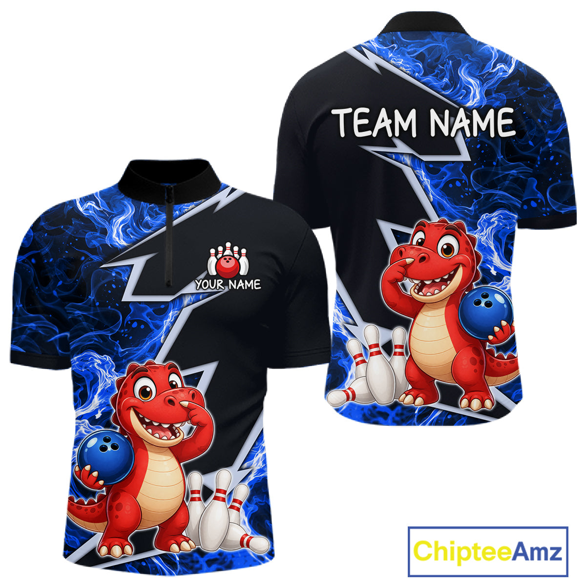 Funny Dinosaur Bowling Jersey For Men Custom Black And Blue Flame Bowling Shirt Polo & 1/4 Zip TDM6367