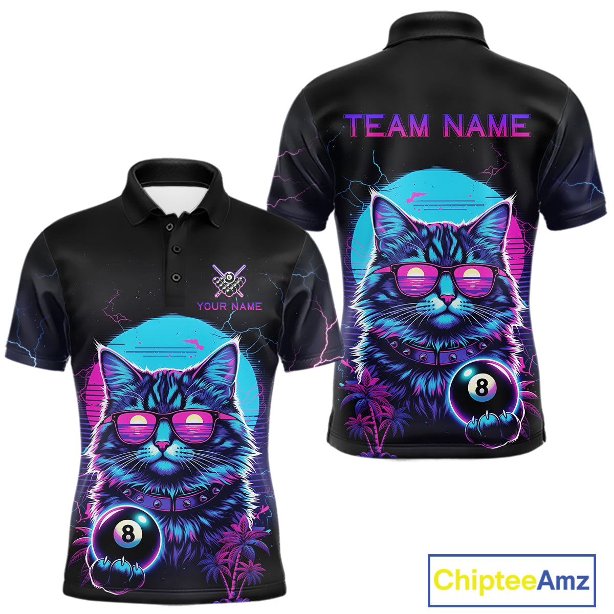 Funny Cat Neon 8 Ball Billiard Shirt For Men Custom Pool Team Shirt, Billiard Jersey Polo & 1/4 Zip TDM5512