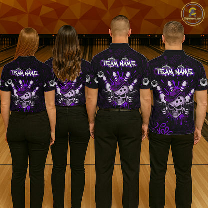 Bowling team wearing matching black and purple funny cowboy skull bowling team jerseys, back view.