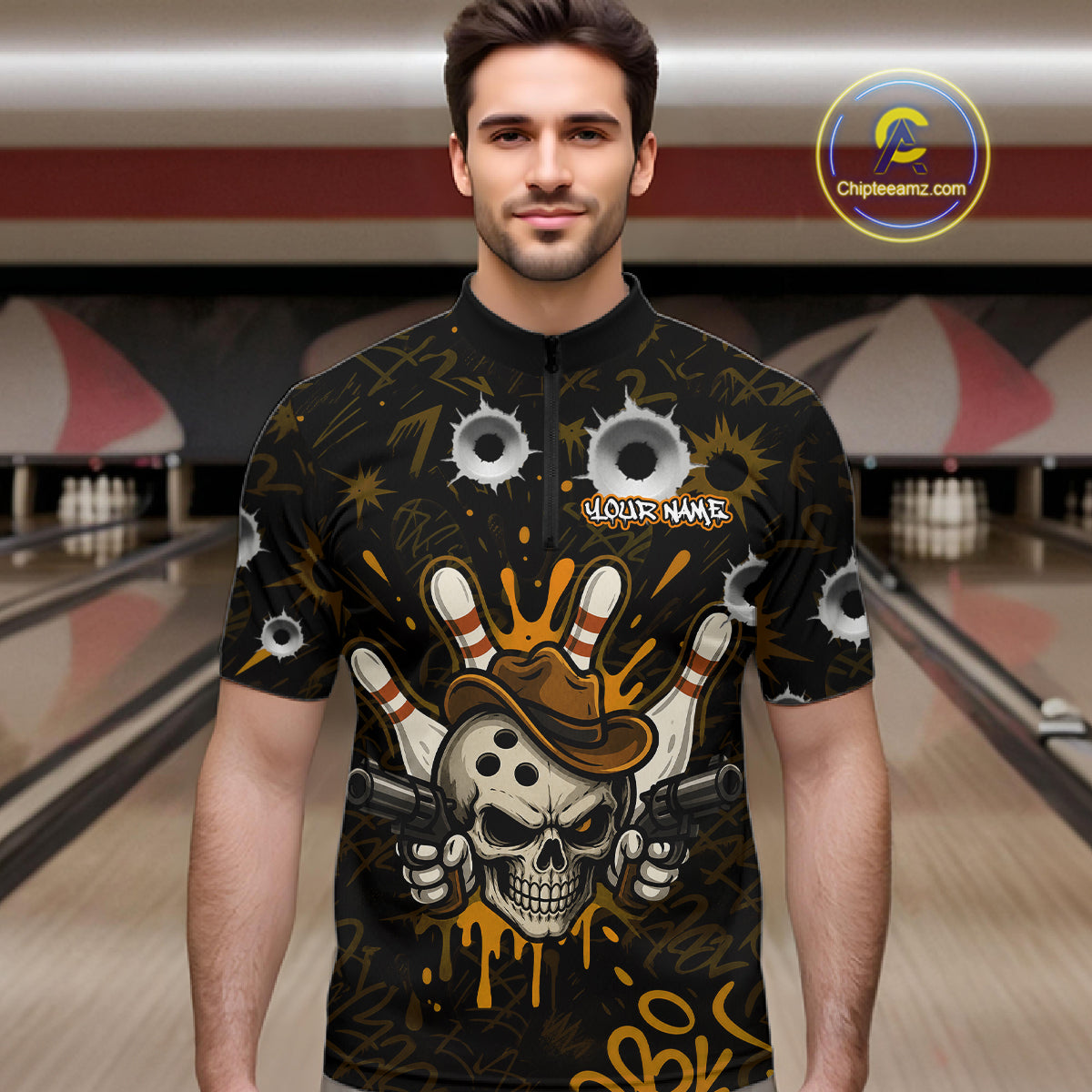 Man wearing black and orange funny cowboy skull bowling team jersey quarter zip shirt featuring cowboy skull artwork, front view.